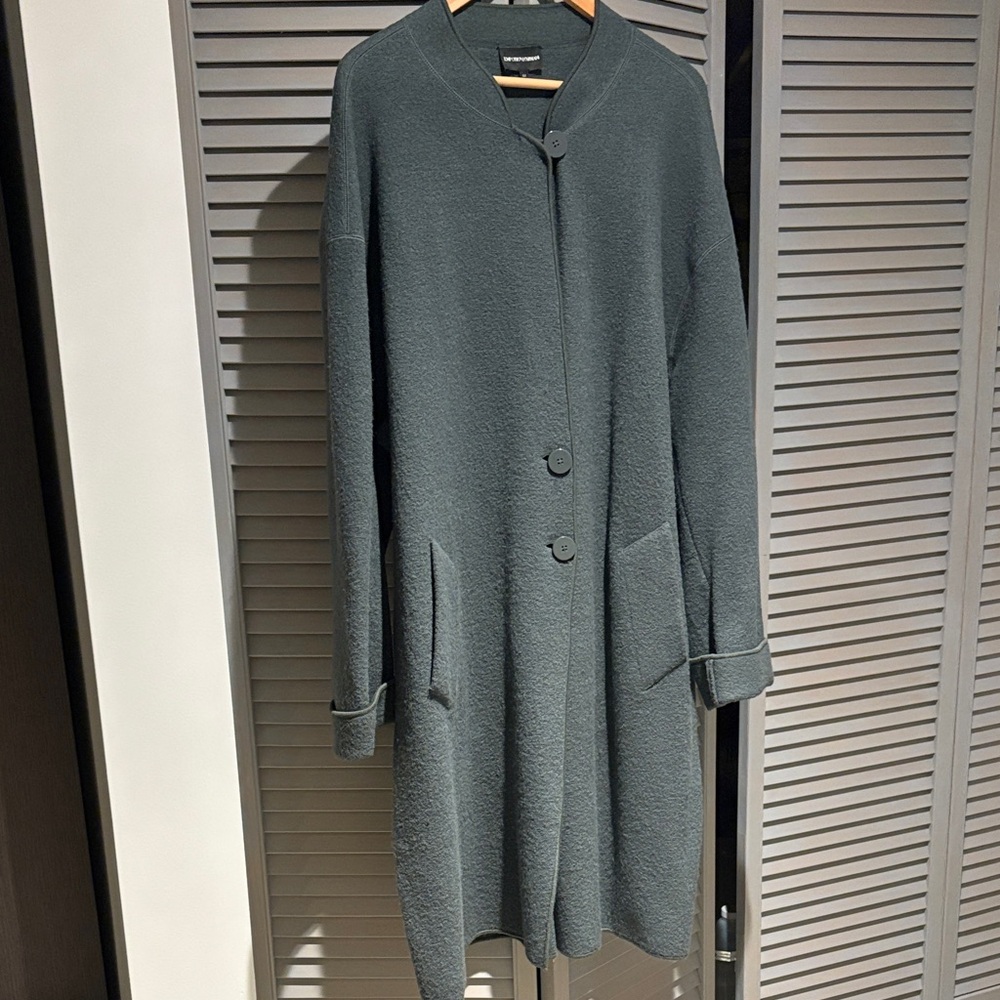 Timeless Armani Boiled Wool Coat with Mandarin Collar.